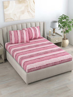 Thumbnail for DREAM WEAVERZ Pink Striped Pure Cotton 220 TC King Bedsheet With 2 Pillow Covers - Distacart