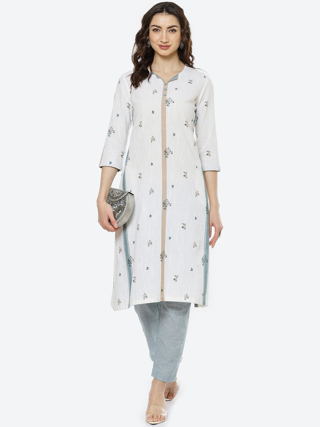 Biba Women White & Blue Printed Pure Cotton Kurta with Trouser - Distacart