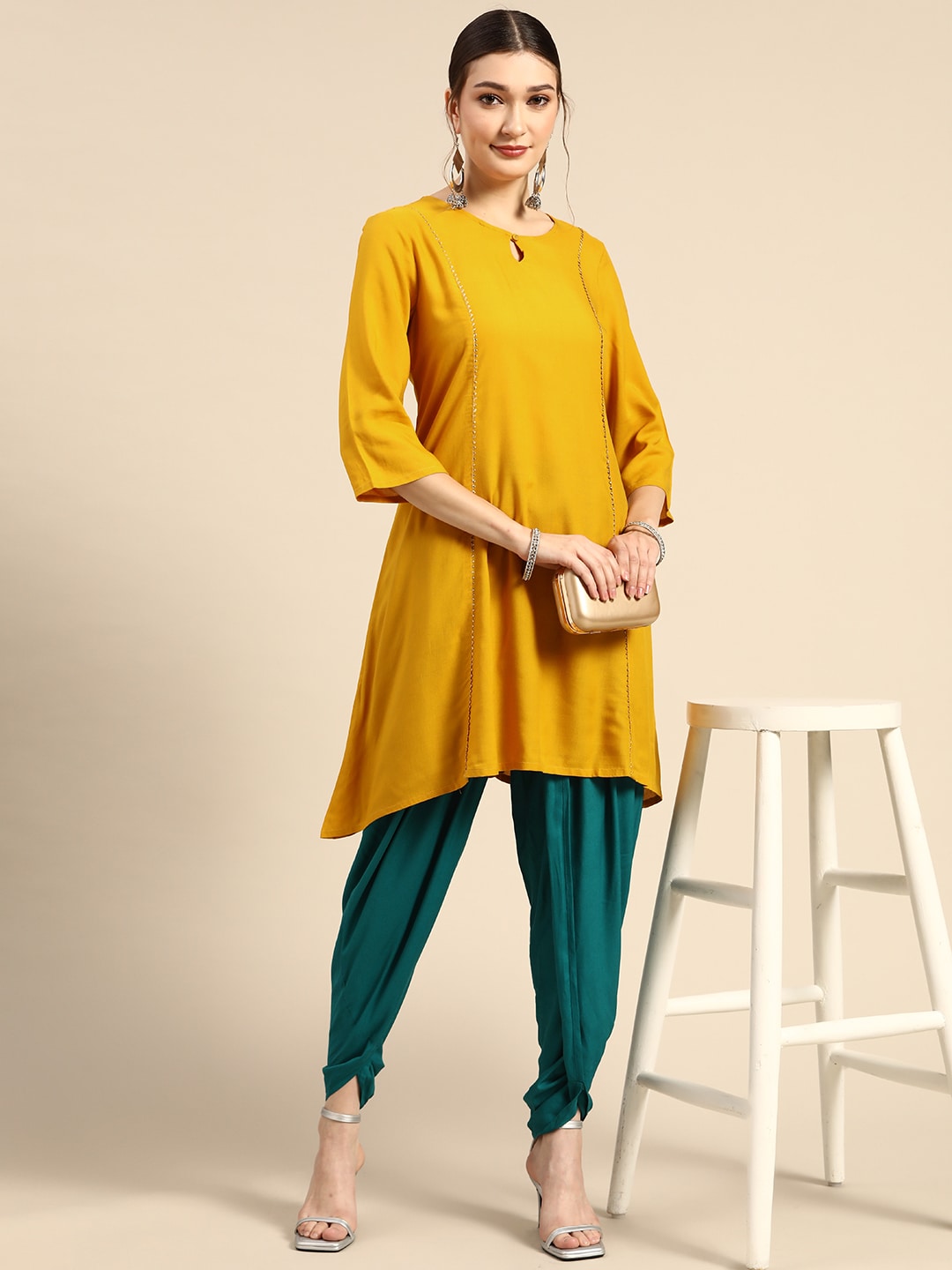 Sangria Women Mustard Yellow & Green Kurta with Dhoti Pants - Distacart