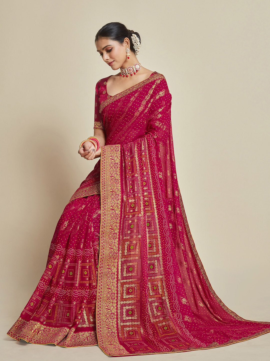 Sangria Pink Woven Design Zari Detail Poly Georgette Bandhani Saree - Distacart