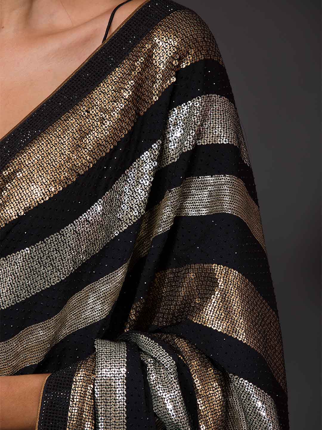 Koskii Black & Gold-Toned Embellished Sequinned Georgette Saree - Distacart