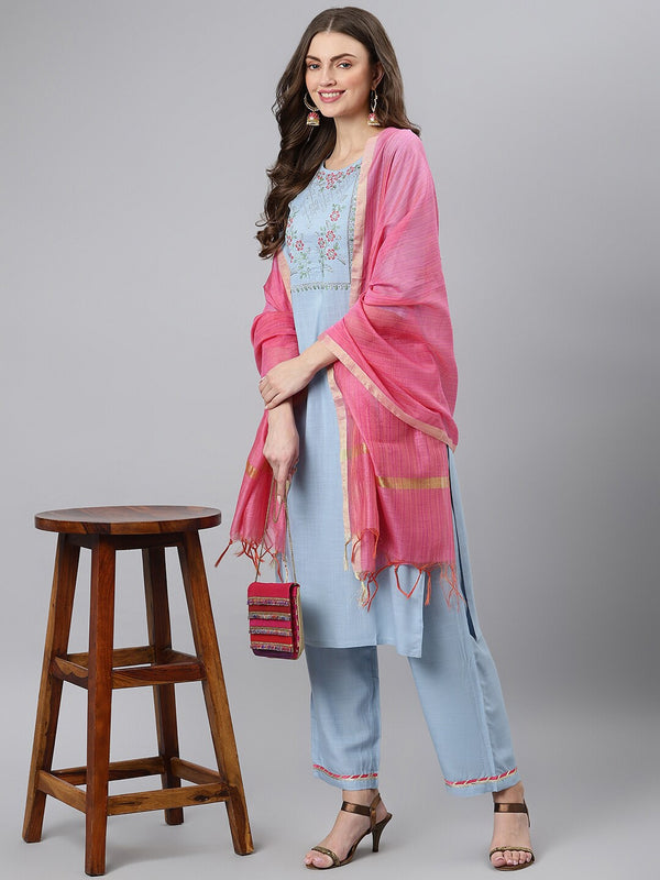 Khushal K Floral Embroidered Sequinned Kurta with Palazzos & Dupatta - Distacart