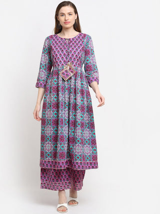 Kalini Women Brown Floral Printed Thread Work Pure Cotton Kurta with Palazzos - Distacart