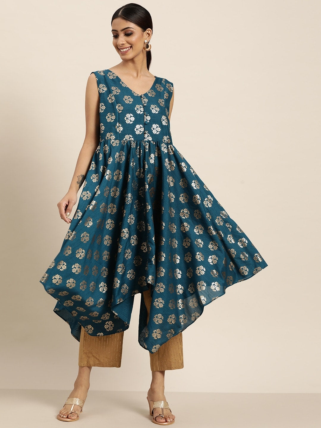 Sangria Women Teal Blue & Golden Ethnic Motifs Printed A-Line Kurta - Distacart