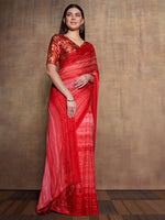 Thumbnail for Mitera Red & Peach-Coloured Embellished Sequinned Pure Chiffon Saree - Distacart