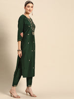 Thumbnail for Sangria Women Green Ethnic Motifs Embroidered Pure Cotton Kurta with Trousers & With Dupatta - Distacart
