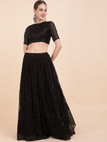 Thumbnail for Sangria Black Embellished Sequinned Pure Georgette Lehenga Saree - Distacart