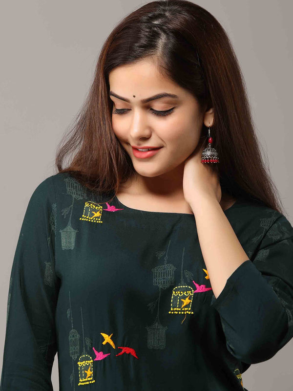 Kalini Women Green Printed Thread Work Kurta - Distacart