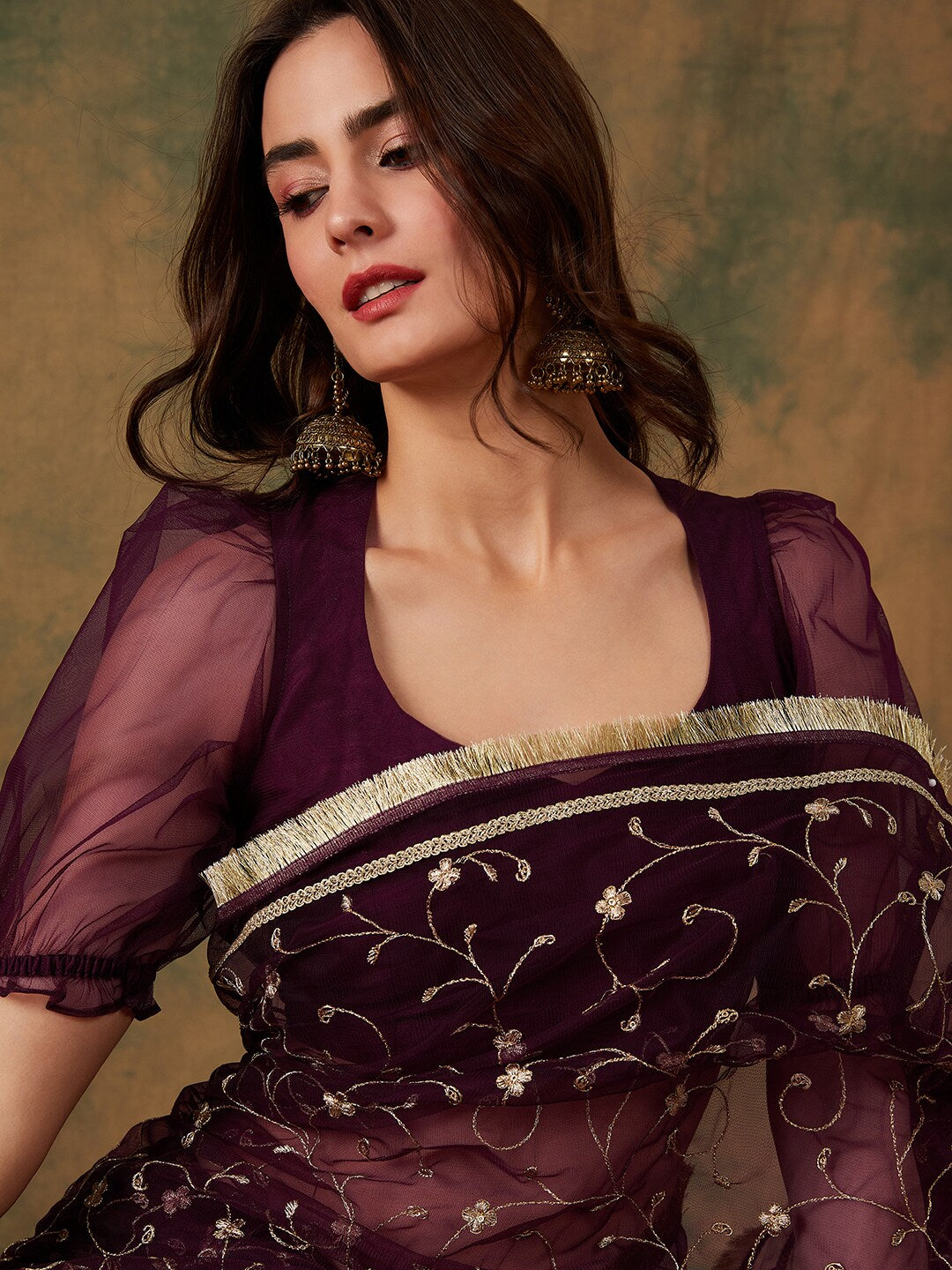 Sangria Floral Zari Jaal Embroidered Sarees - Distacart