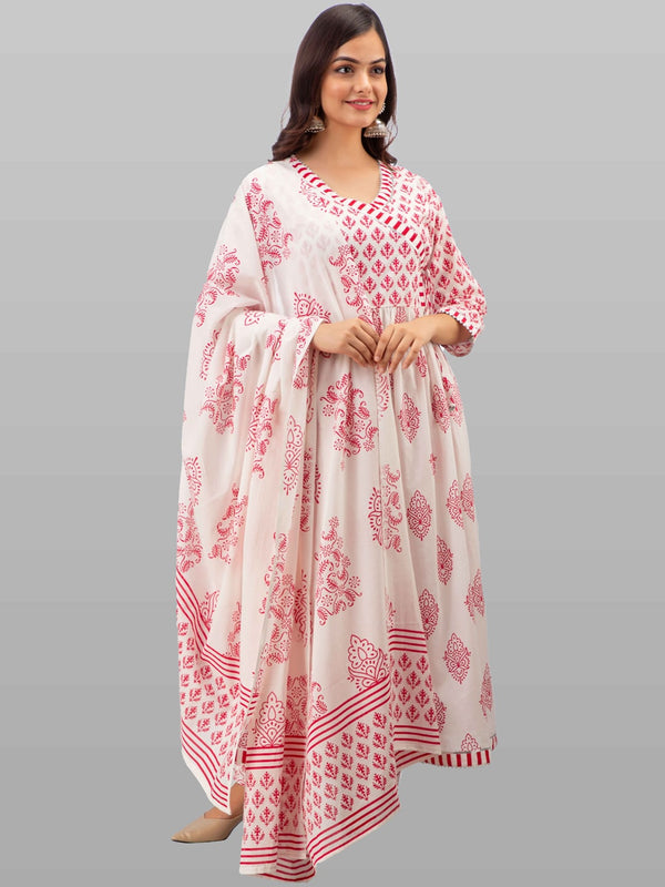 Kalini White Floral Printed Angrakha Gotta Patti Pure Cotton Kurta with Trousers & Dupatta - Distacart
