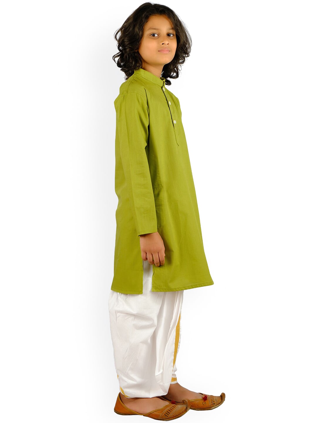 Sethukrishna Boys Green Angrakha Pure Cotton Kurta with Churidar - Distacart