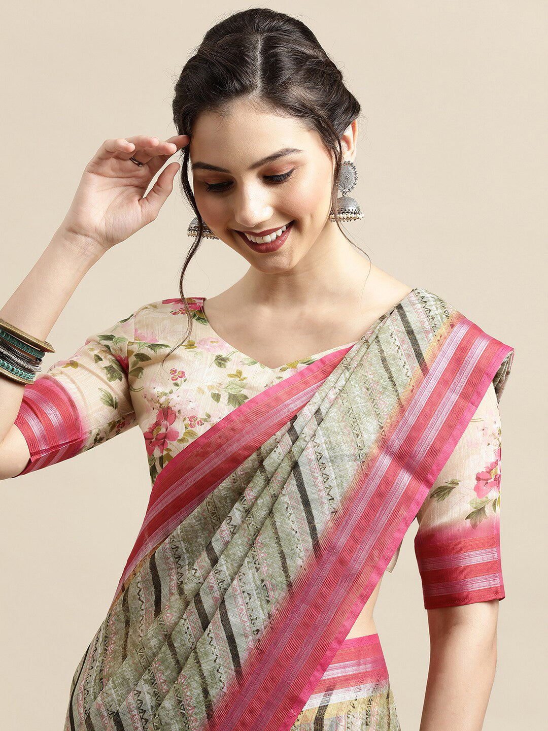 Saree Mall Olive Green & Pink Leheriya Linen Blend Saree - Distacart