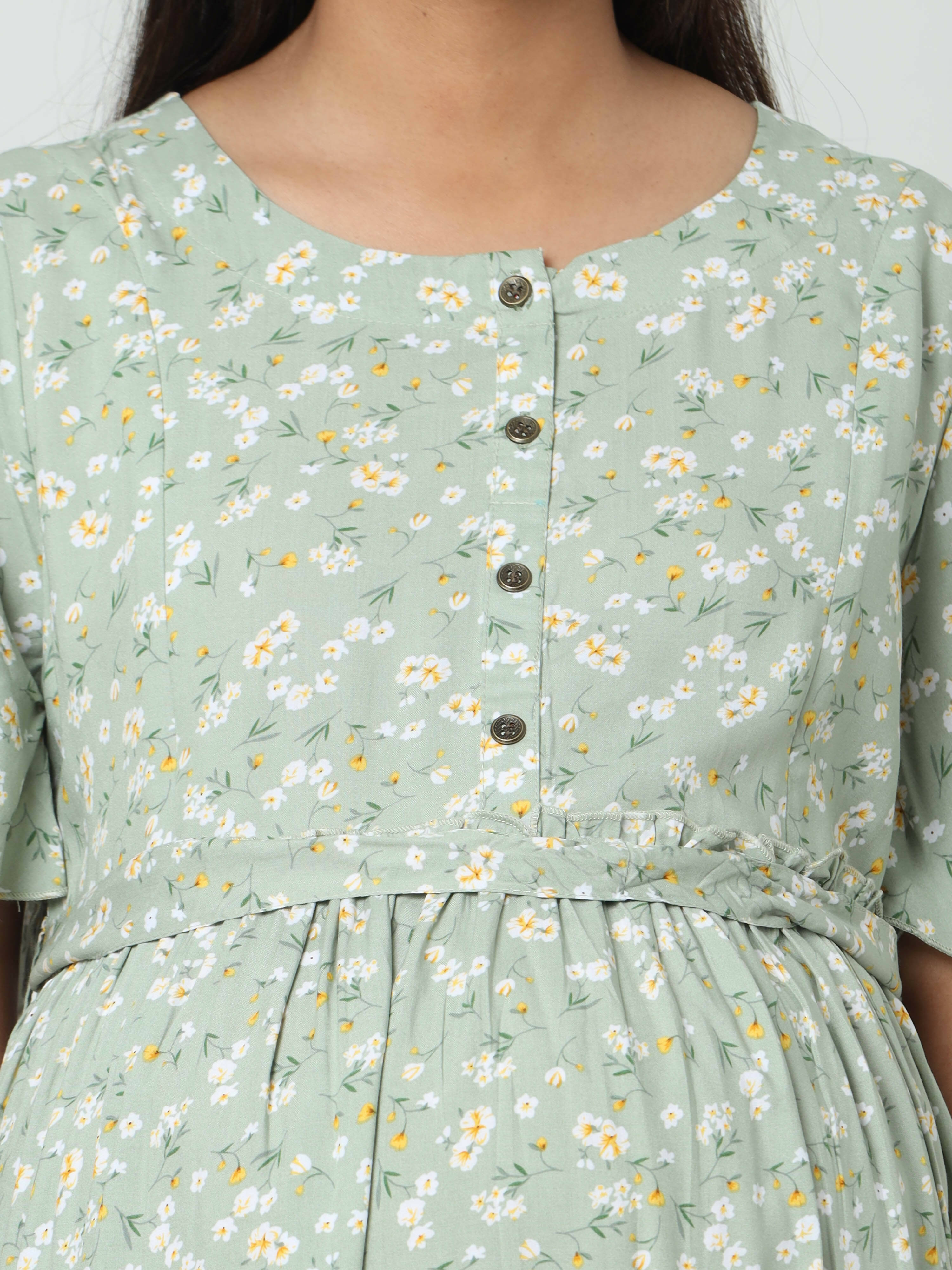 Manet Frill Slevees Maternity Dress Floral Print With Concealed Zipper Nursing Access - Green - Distacart