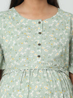 Thumbnail for Manet Frill Slevees Maternity Dress Floral Print With Concealed Zipper Nursing Access - Green - Distacart