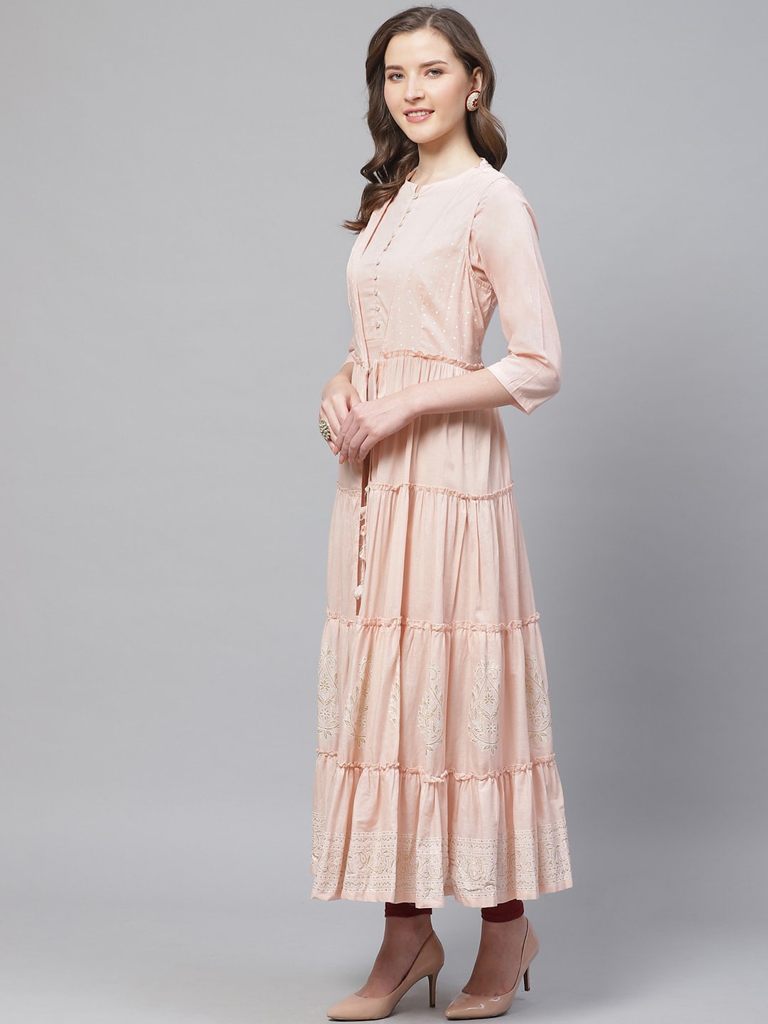Biba Women Peach-Coloured Printed Layered Tiered Anarkali Kurta - Distacart