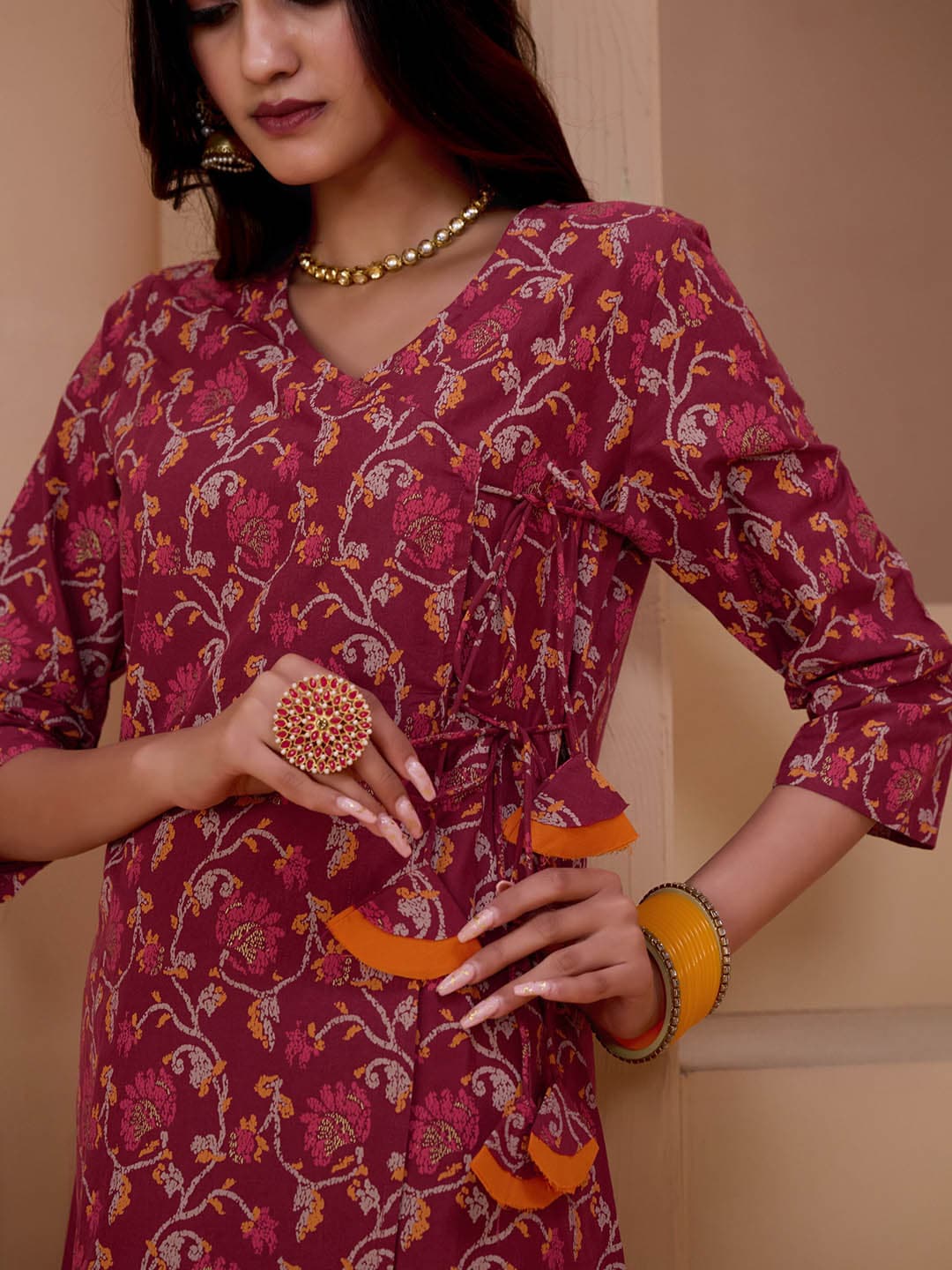 Sangria Maroon & Orange Printed V Neck Pure Cotton Angrakha Kurta With Trousers & Dupatta - Distacart