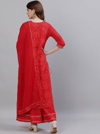 Thumbnail for Ishin Women Red & Gold-Toned Embroidered Kurta with Palazzos & Dupatta - Distacart