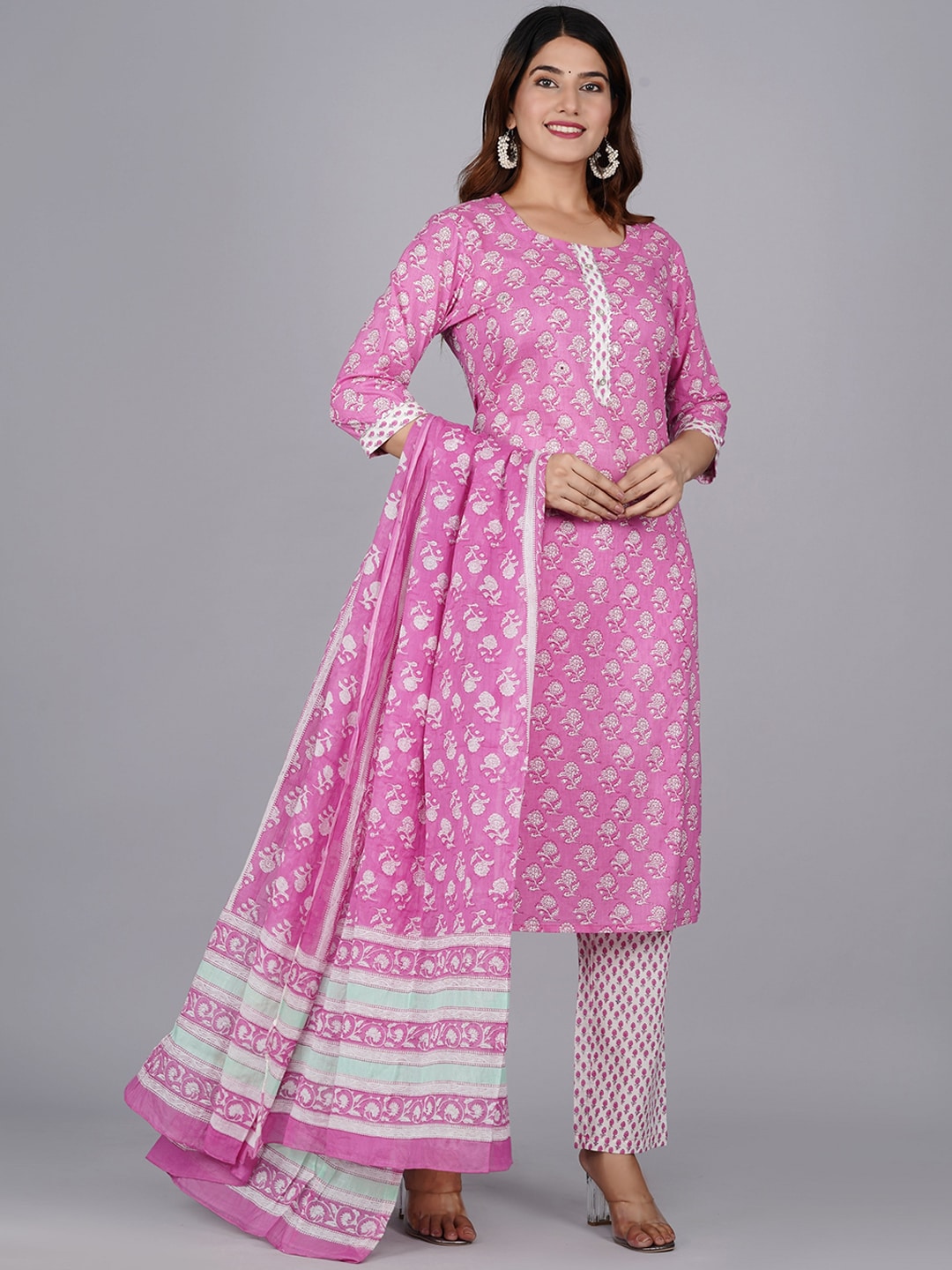 Kalini Women Pink Ethnic Motifs Printed Pure Cotton Kurta with Trouser & Dupatta - Distacart
