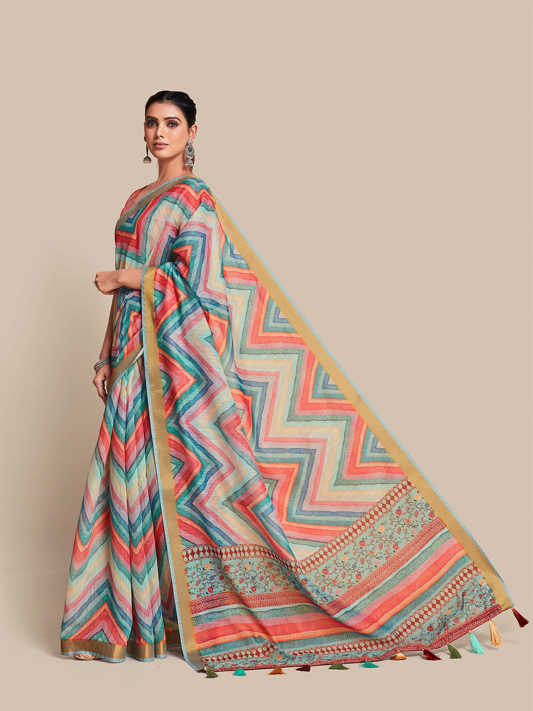 Sangria Teal & Pink Zari Saree - Distacart