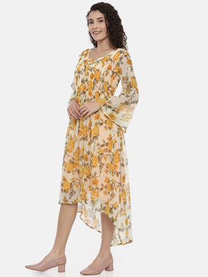 Souchii Cream-Coloured Floral Printed A-Line Dress - Distacart