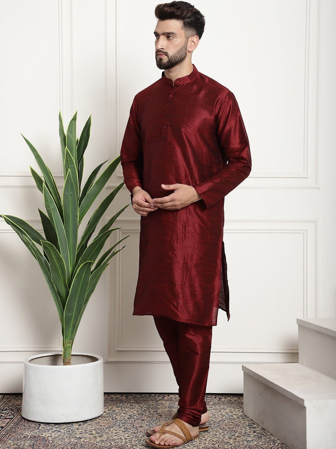 Sojanya Men Maroon & Beige Self Design Kurta with Churidar & Nehru Jacket - Distacart