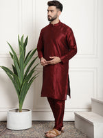 Thumbnail for Sojanya Men Maroon & Beige Self Design Kurta with Churidar & Nehru Jacket - Distacart