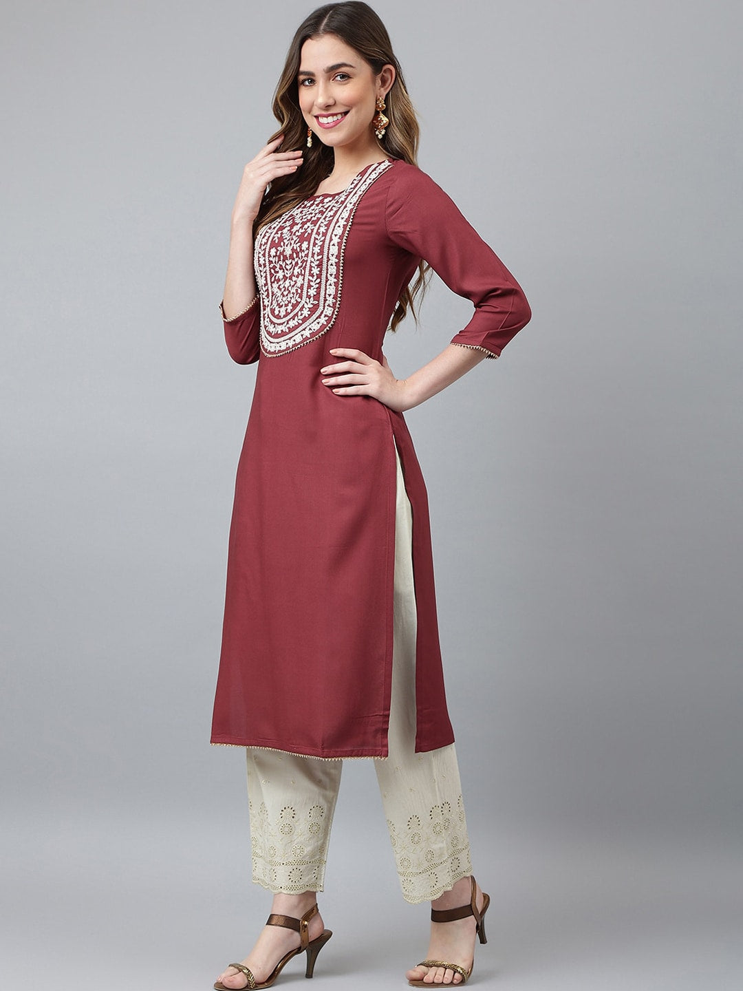 Khushal K Women Burgundy Yoke Design Kurta - Distacart