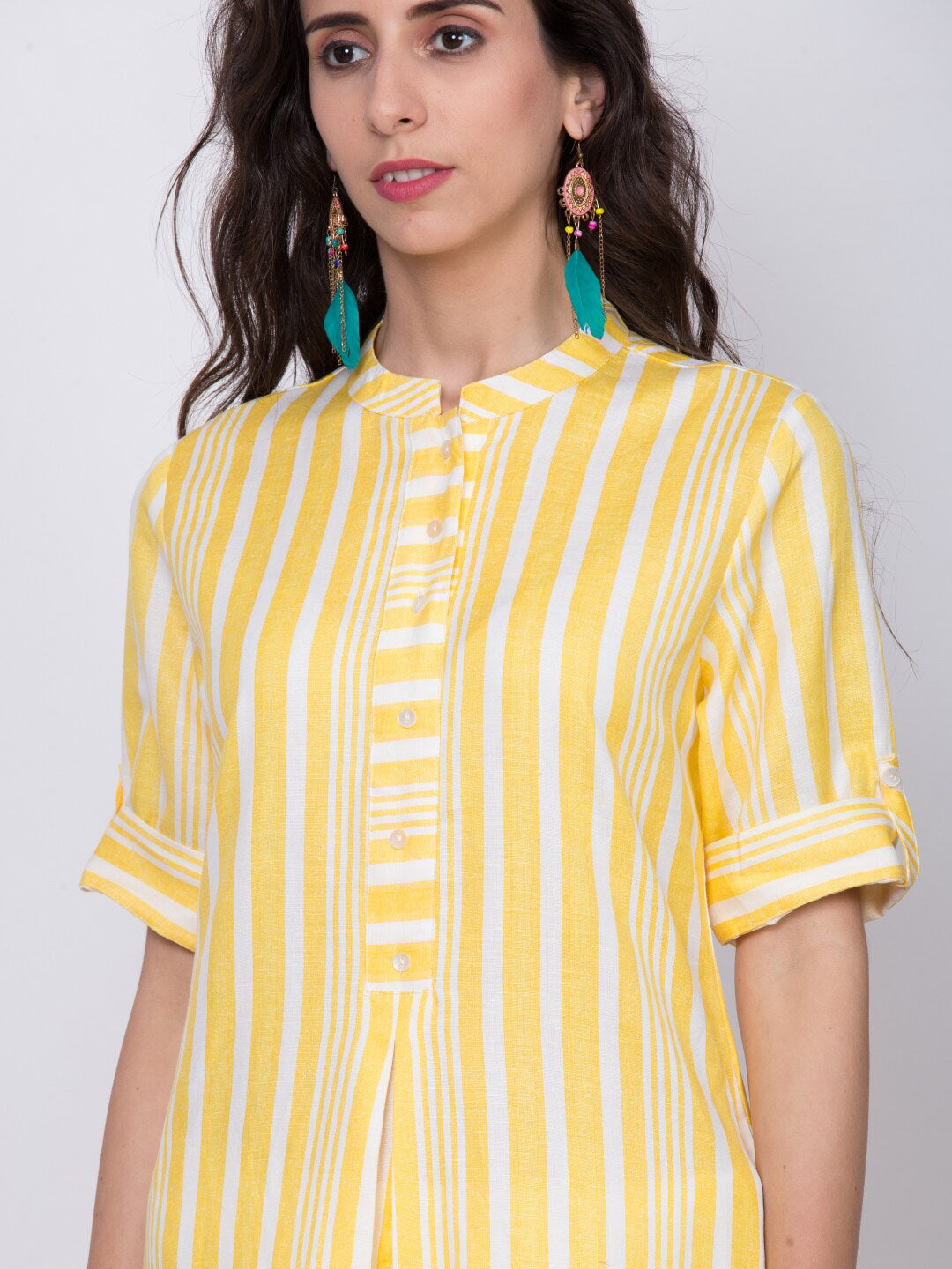 Biba Women Yellow Striped A-Line Kurta - Distacart