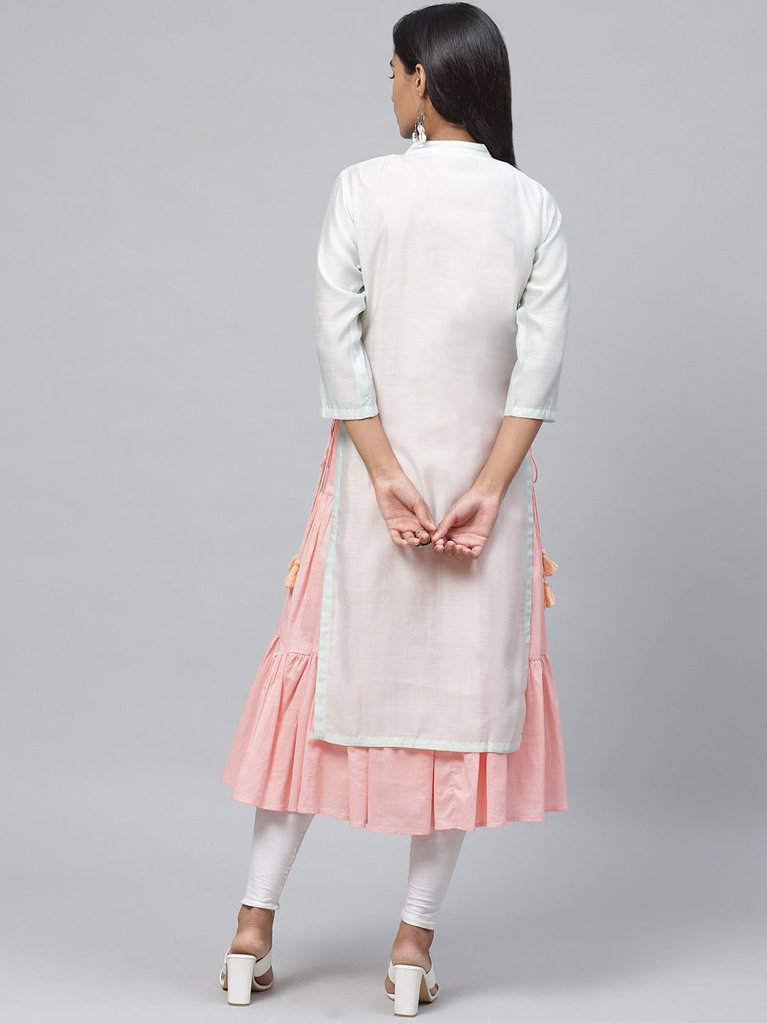 Biba Women Sea Green & Pink Yoke Design Layered A-Line Kurta - Distacart