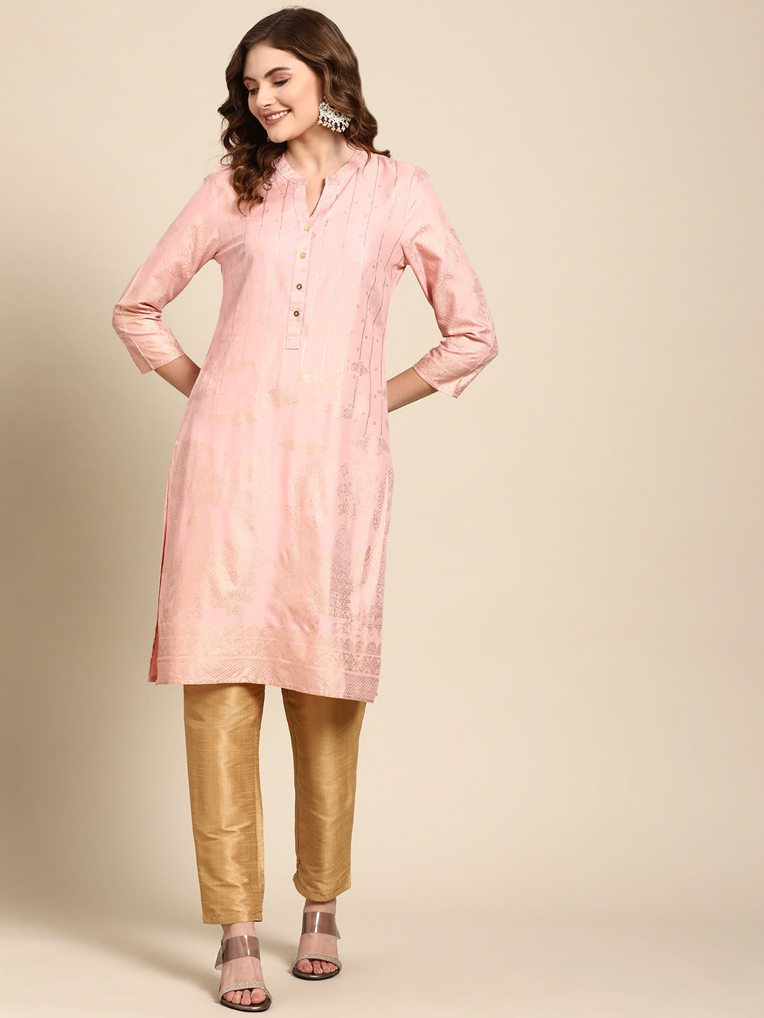Sangria Women Pink & Yellow Ethnic Motifs Printed Kurta - Distacart