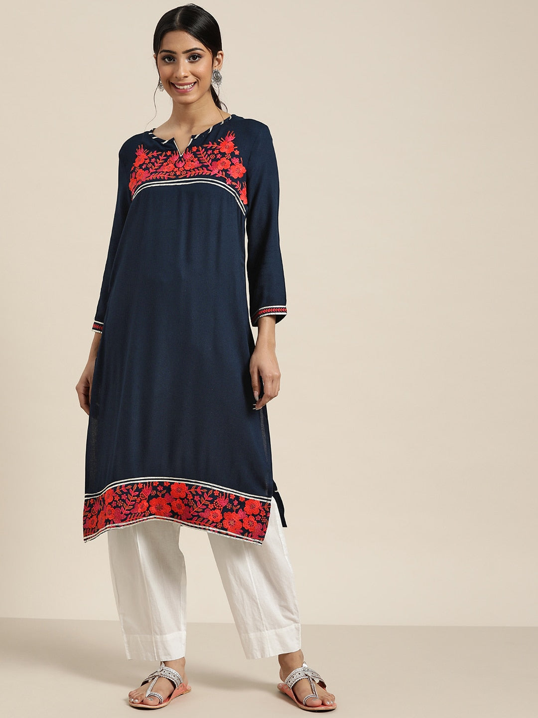 Sangria Women Blue Floral Kurta - Distacart