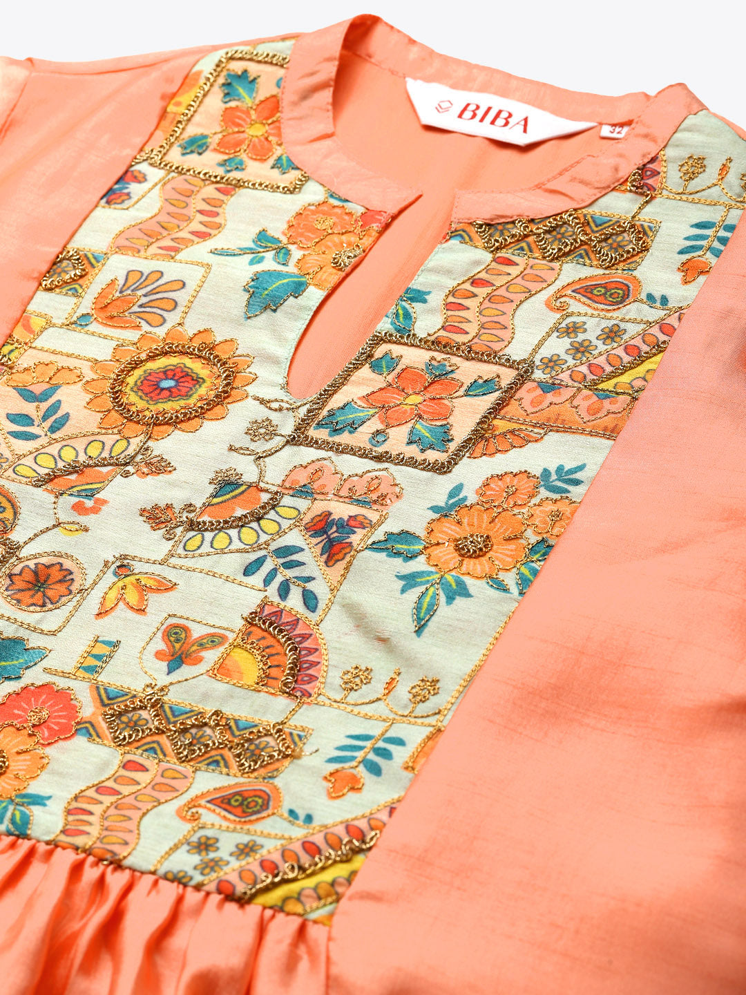 Biba Women Peach-Coloured & Green Yoke Design A-Line Kurta With Sheen Effect - Distacart