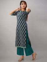 Thumbnail for HERE&NOW Turquoise Blue Floral Printed Regular Kurta with Palazzos - Distacart