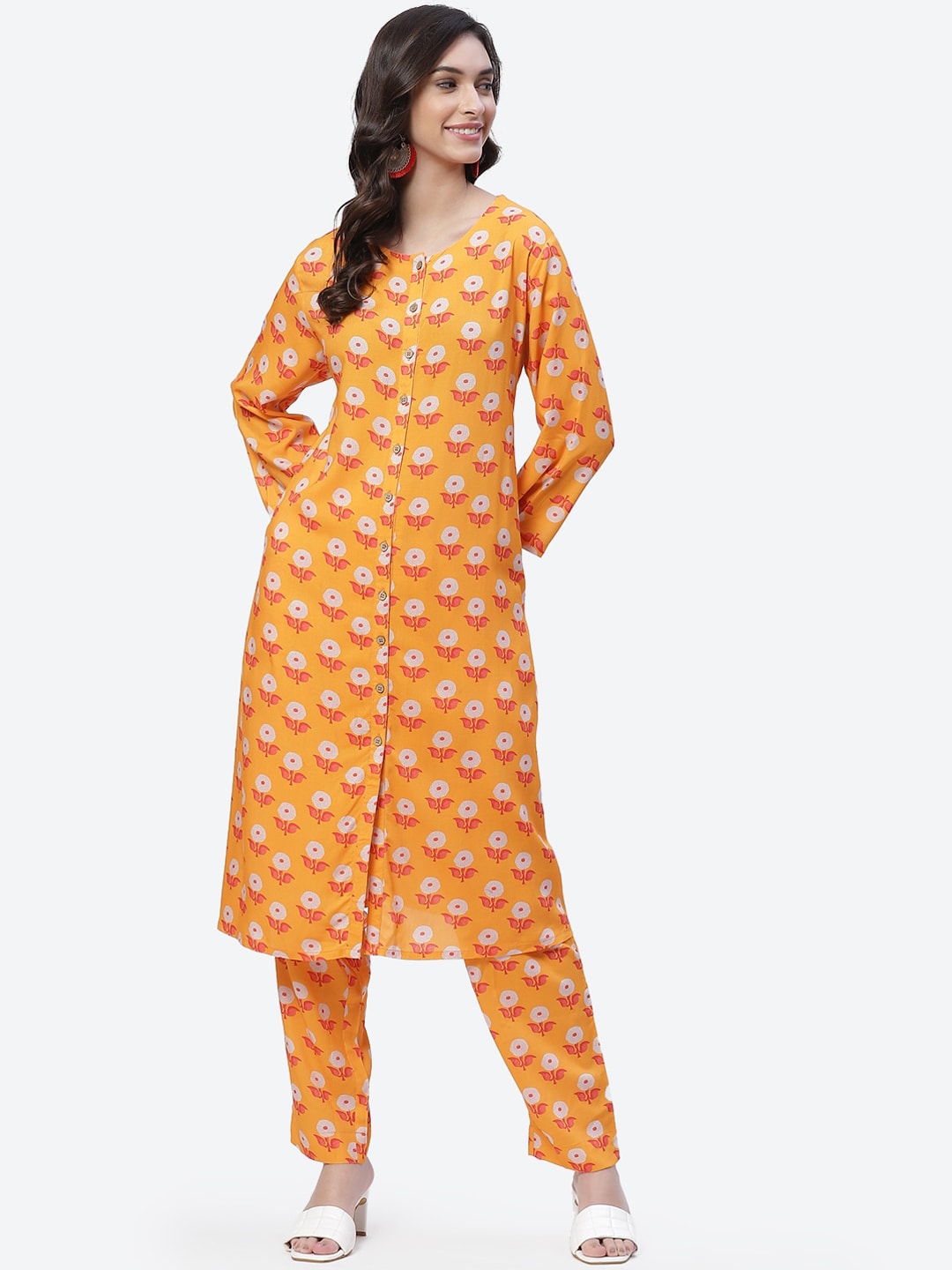 Biba Women Yellow Floral Printed Panelled Kurta with Trousers - Distacart