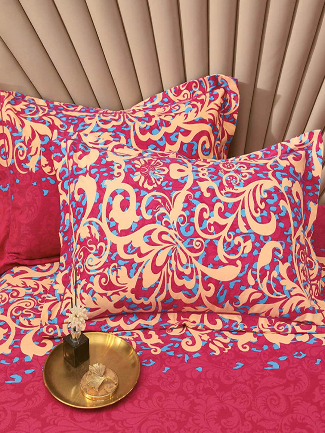 JC Collection Pink & Blue TC 240 Ethnic Motifs Cotton King Bedsheet with 2 Pillow Covers - Distacart