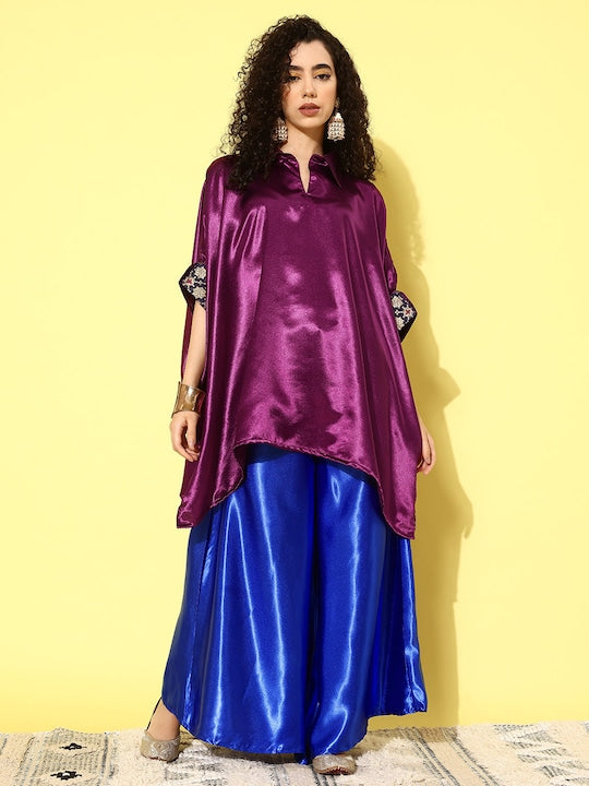 InWeave Women's Wine Navy Brocade Satin Boho Blue Palazzo Set - Distacart