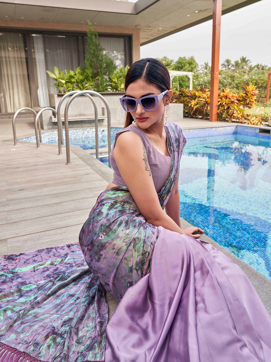 Tikhi Imli Mauve Abstract Printed Satin Half and Half Saree - Distacart