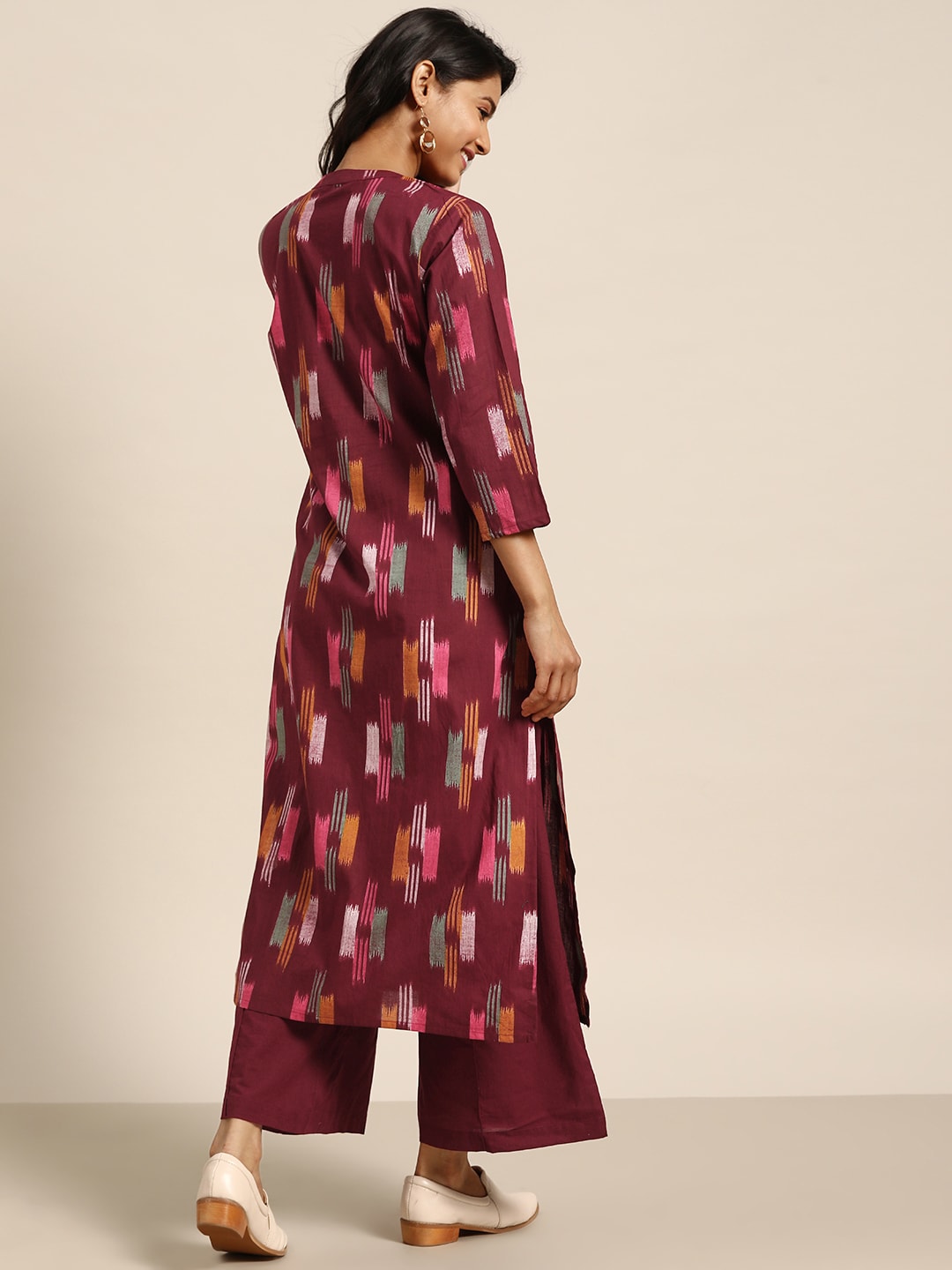 Sangria Women Burgundy & Mustard Yellow Abstract Print Cotton Kurta with Trousers - Distacart