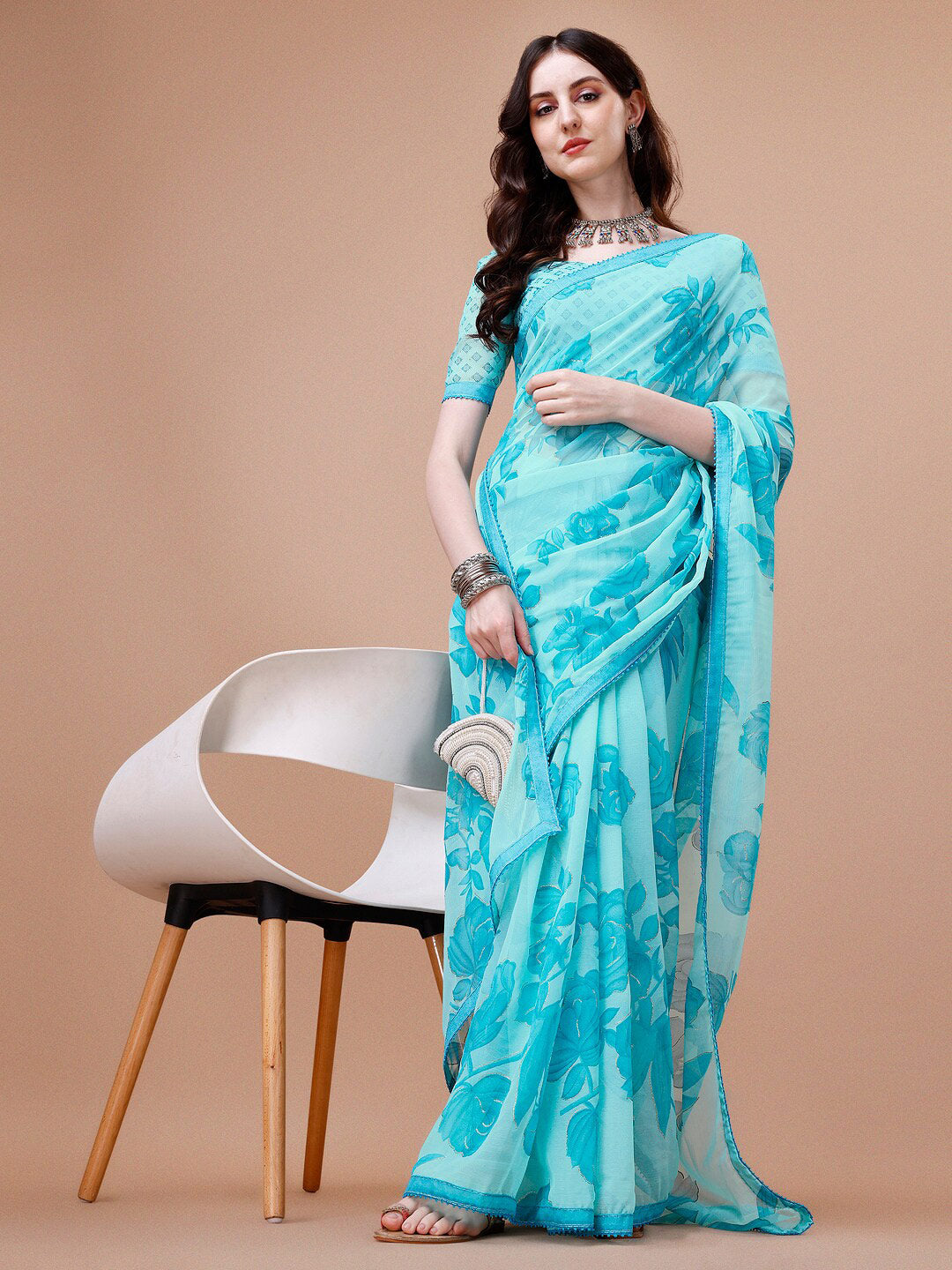Sangria Turquoise Blue Floral Printed Pure Chiffon Saree - Distacart