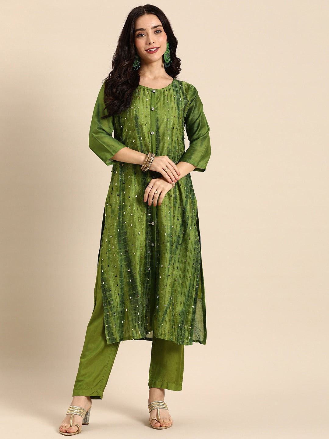 Sangria Women Dyed Regular Sequinned Kurta with Trousers - Distacart