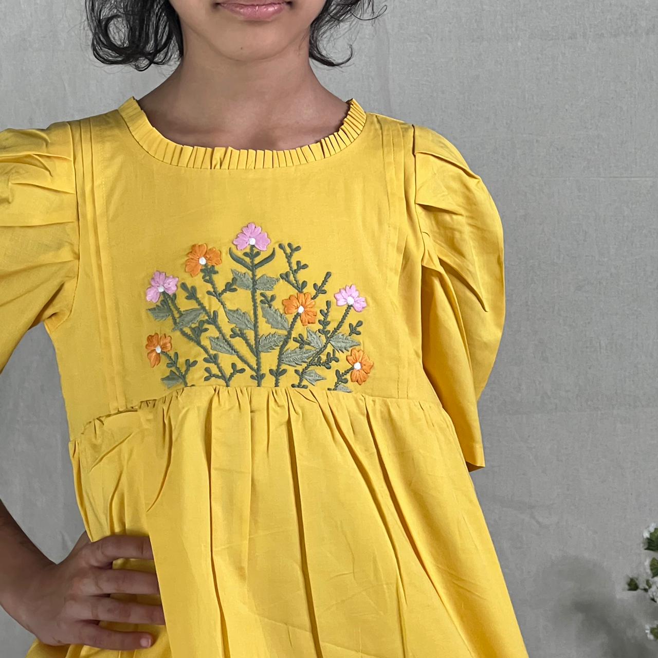 ArthLife Yellow Flower Embroidered Dress - Distacart