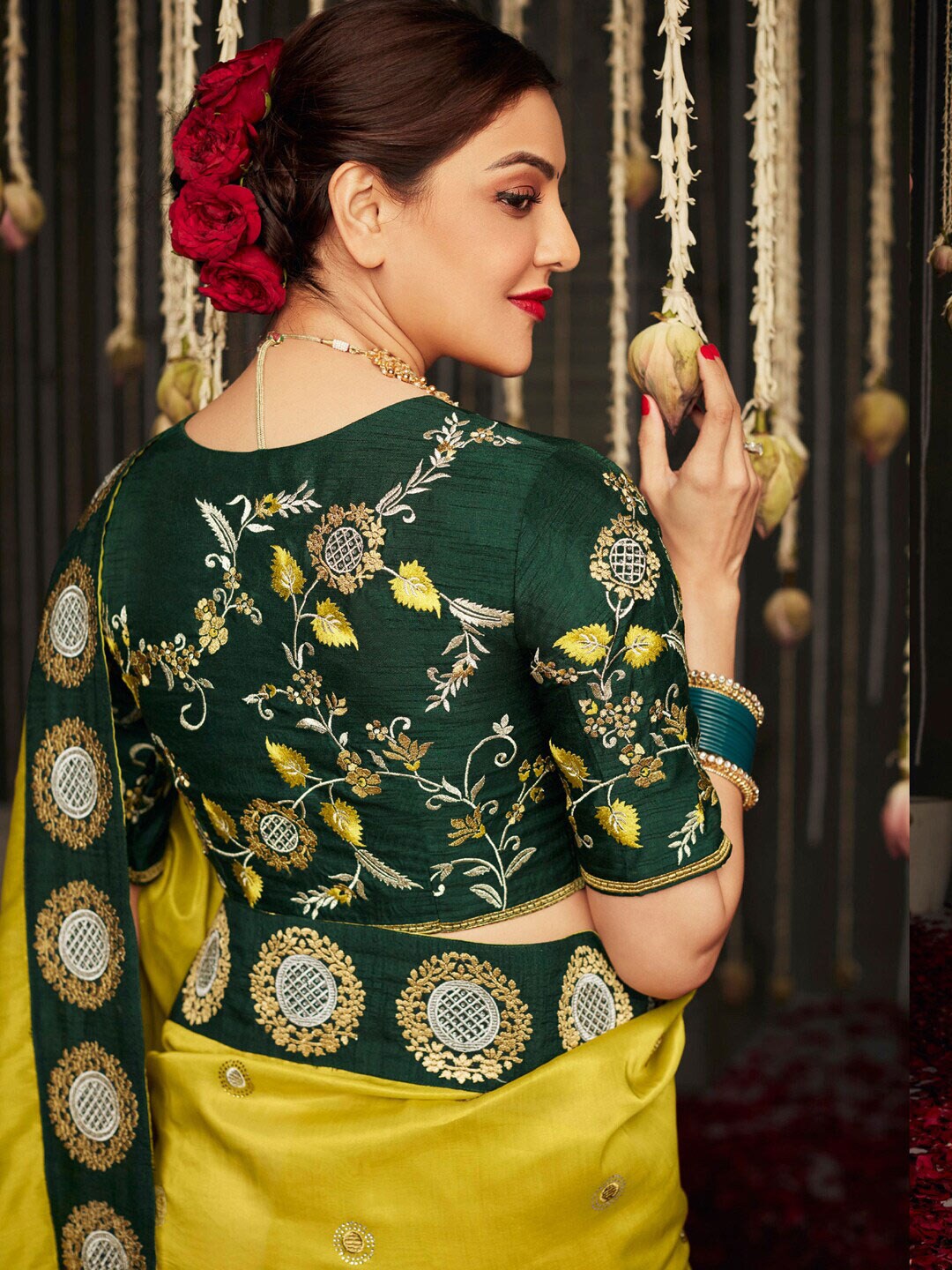 Mitera Yellow & Green Embellished Beads and Stones Silk Blend Saree - Distacart