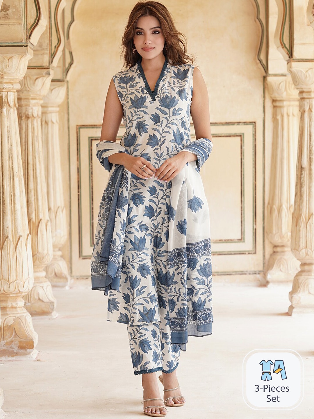 Kalini Floral Printed V-Neck Pure Cotton Straight Kurta & Trousers With Dupatta - Distacart