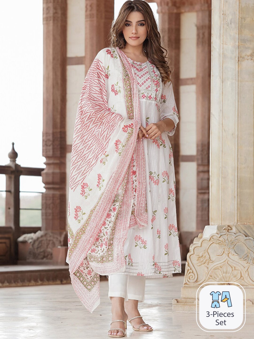 Kalini Floral Printed Thread Work Pure Cotton Kurta with Trousers & Dupatta - Distacart