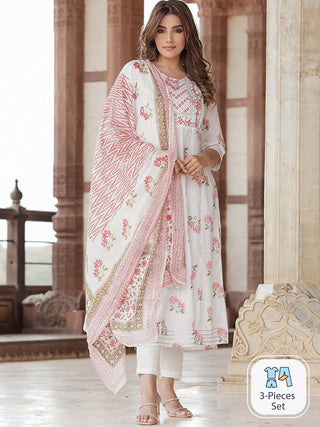 Kalini Floral Printed Thread Work Pure Cotton Kurta with Trousers & Dupatta - Distacart