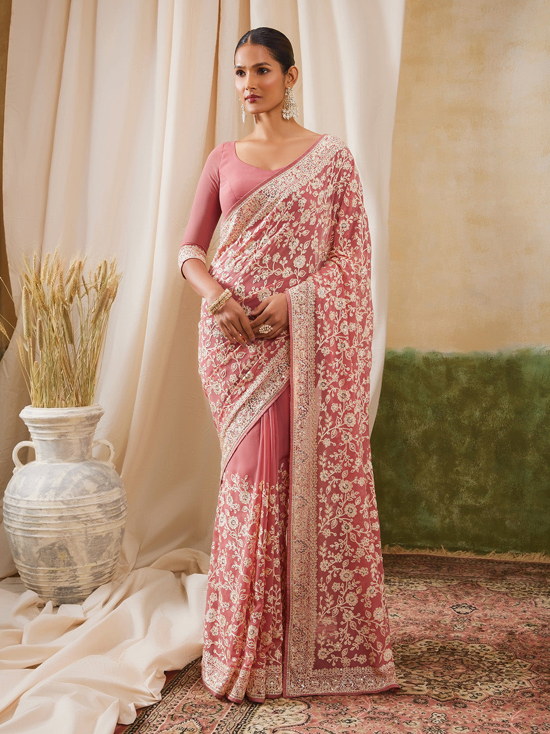 Soch Floral Embroidered Pure Georgette Saree - Distacart