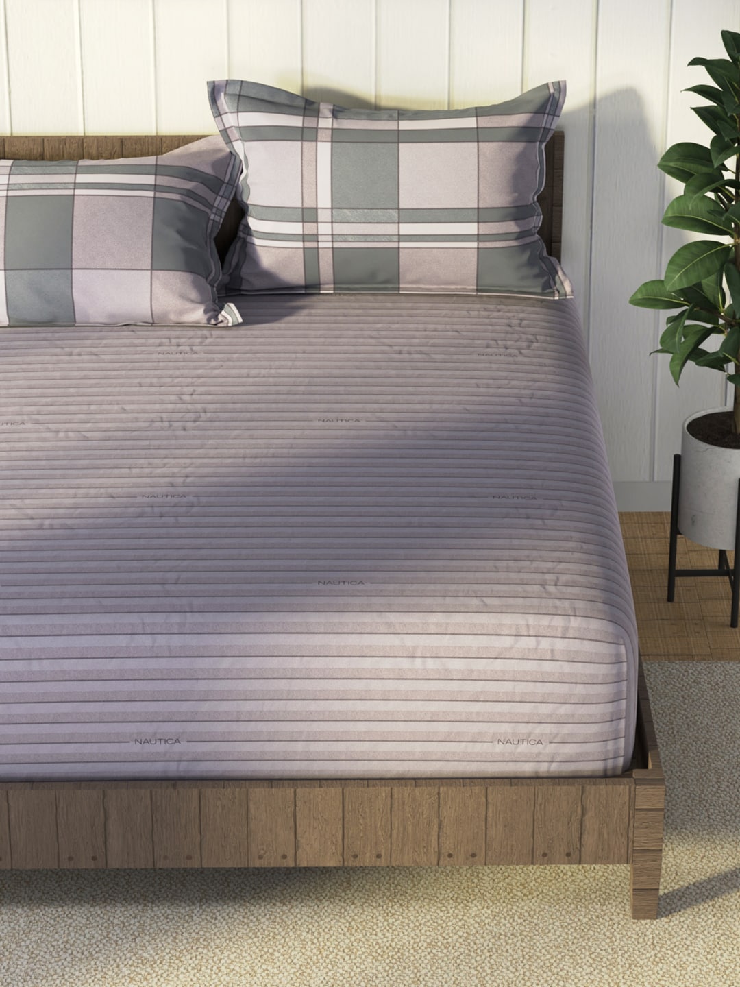 Nautica Grey & Blue Striped Cotton 160 TC King Bedsheet With 2 Pillow Covers - Distacart