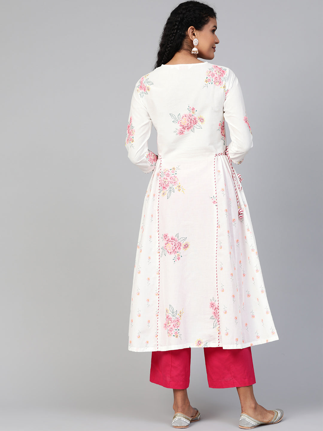 Biba Women White & Pink Panelled Floral Printed Anarkali Kurta - Distacart