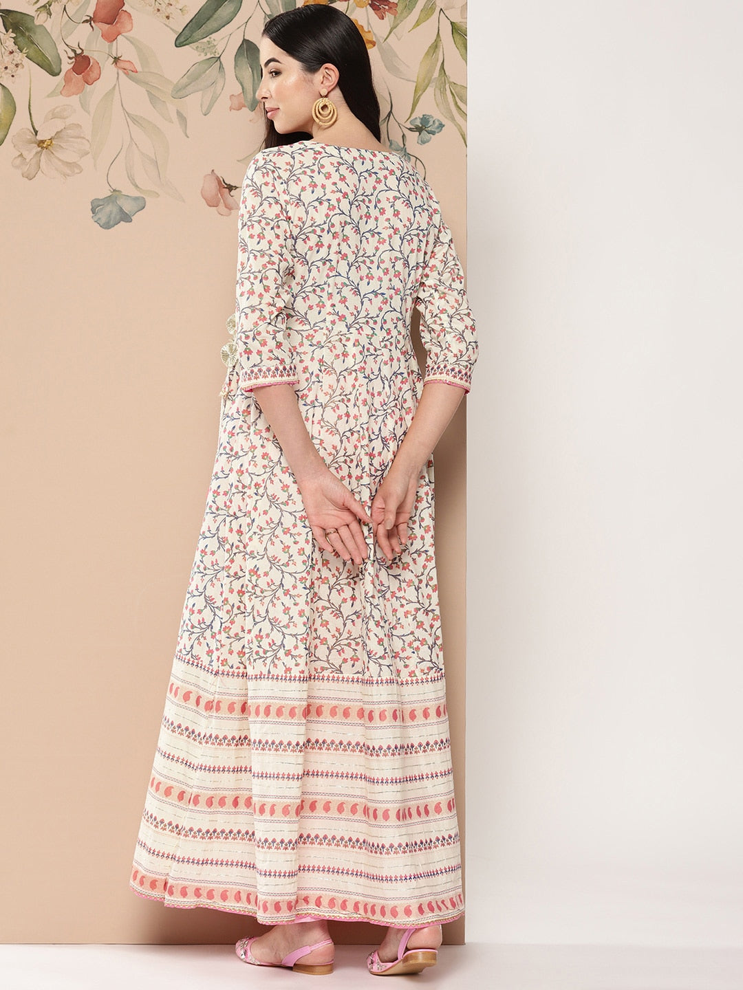 Kalini Floral Printed Tie-Up Detail Angrakha Style Anarkali Kurta - Distacart