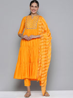 Thumbnail for HERE&NOW Women Yellow Embroidered Kurta with Trousers & With Dupatta - Distacart